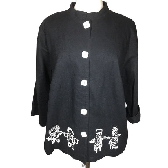 Vintage On The Rocks Women's 1X Black Cotton Linen Button Up Tribal Art to Wear - Picture 2 of 11